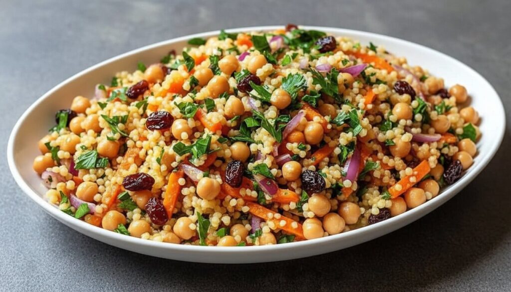 Moroccan Couscous and Chickpea Salad recipe on a white background.