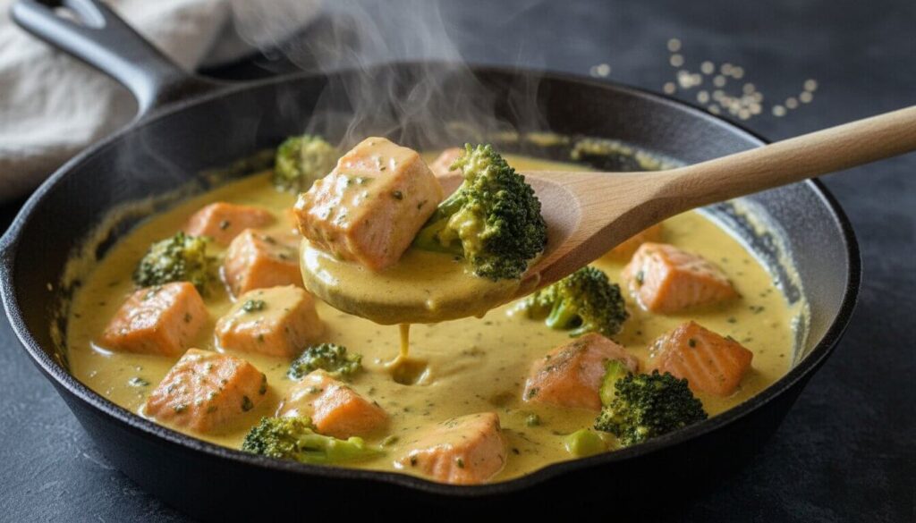 Close up of salmon cubes and broccoli simmering in a golden turmeric tahini sauce.