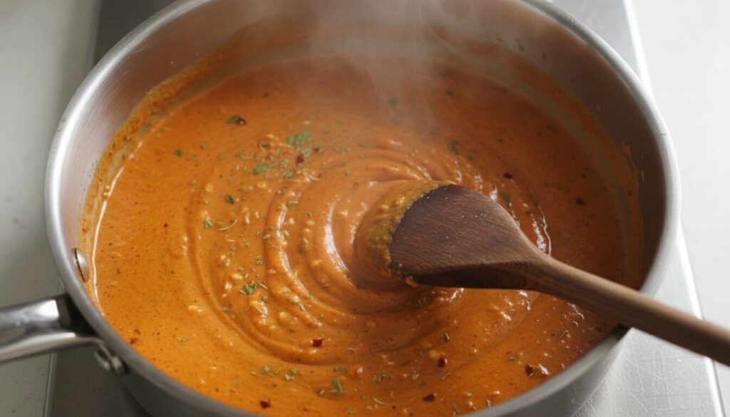 Creamy Cajun sauce simmering in a pan with garlic and spices.