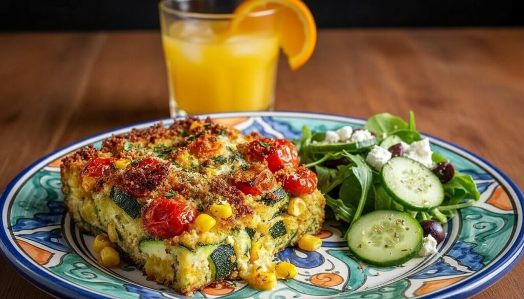 A serving of cheesy zucchini tomato bake with parmesan crust on a Mediterranean-style dinner plate.