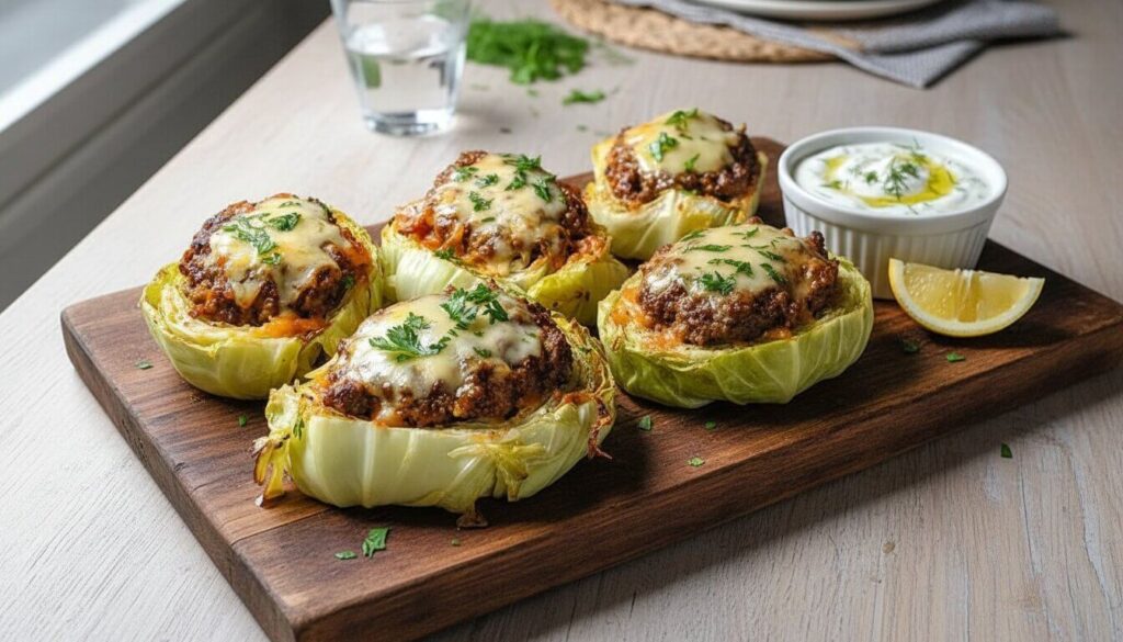 Mediterranean cabbage burgers served with tzatziki sauce and lemon.