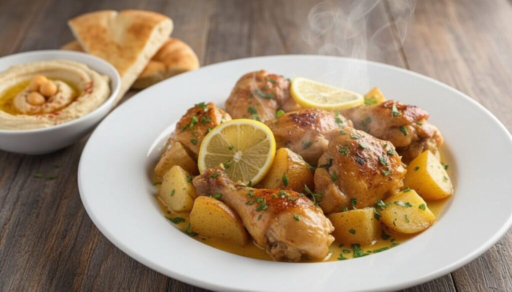 Plated Lebanese roasted chicken and potatoes with a side of hummus and pita.