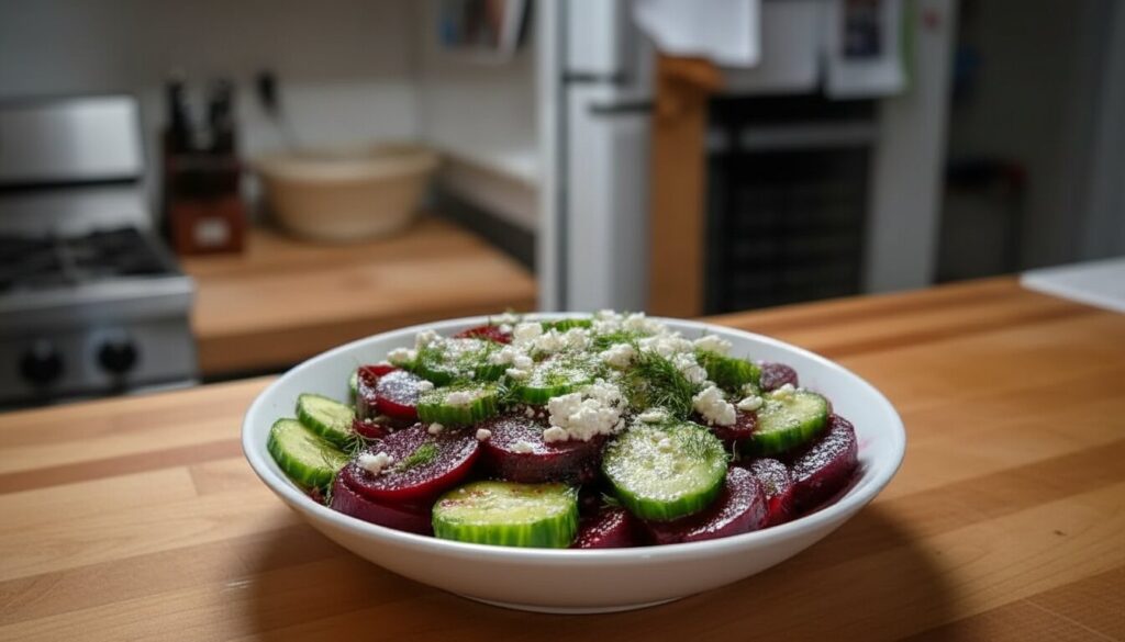 Overhead view of Mediterranean Beet Salad with Feta, Cucumbers, and Dill in a bowl.