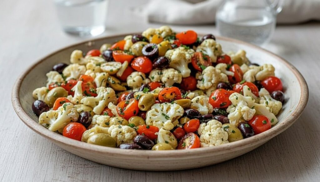 A colorful Mediterranean Marinated Cauliflower Salad with tomatoes, cucumbers, and olives.