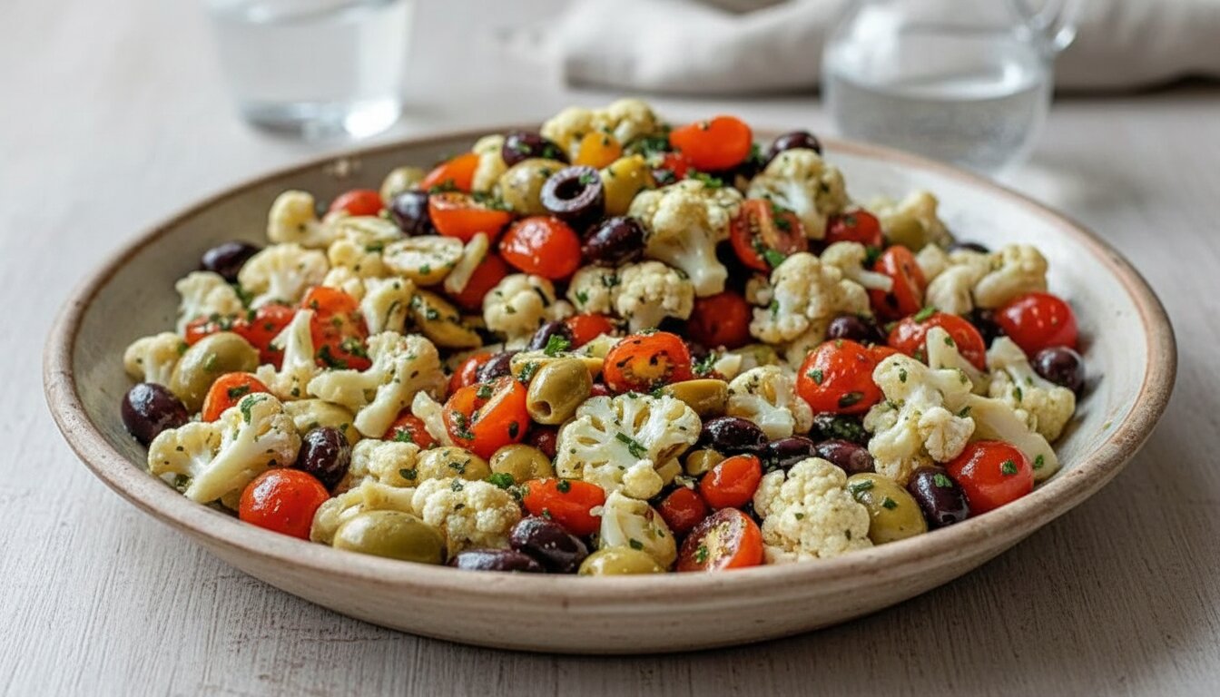 A colorful Mediterranean Marinated Cauliflower Salad with tomatoes, cucumbers, and olives.