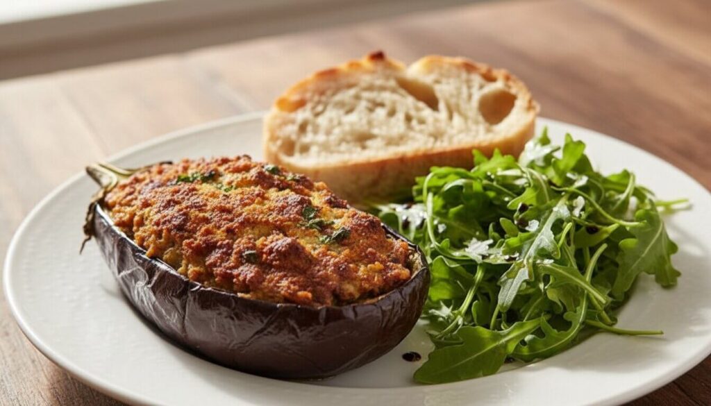 Serving of authentic Calabrian stuffed eggplant with a side salad and bread.
