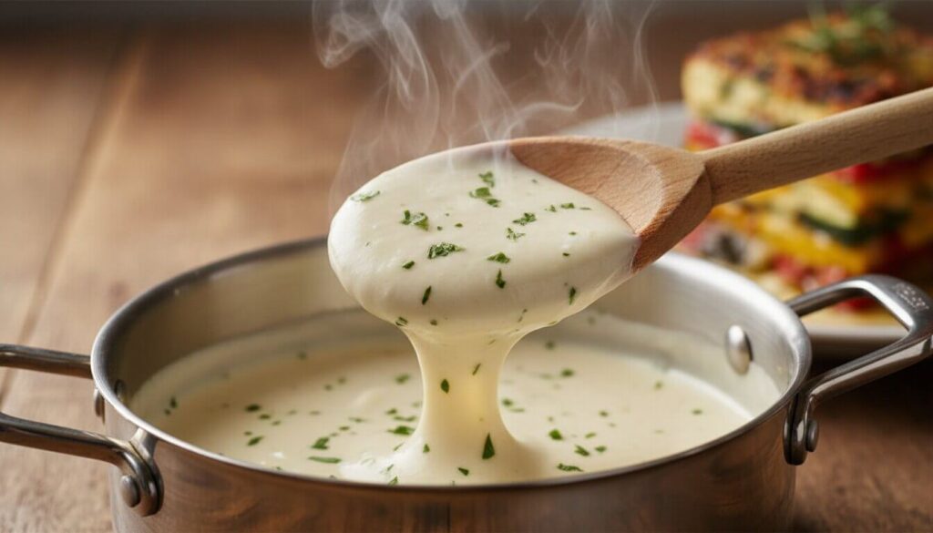 Creamy garlic herb three-cheese drizzle being prepared in a saucepan for vegetable lasagna.