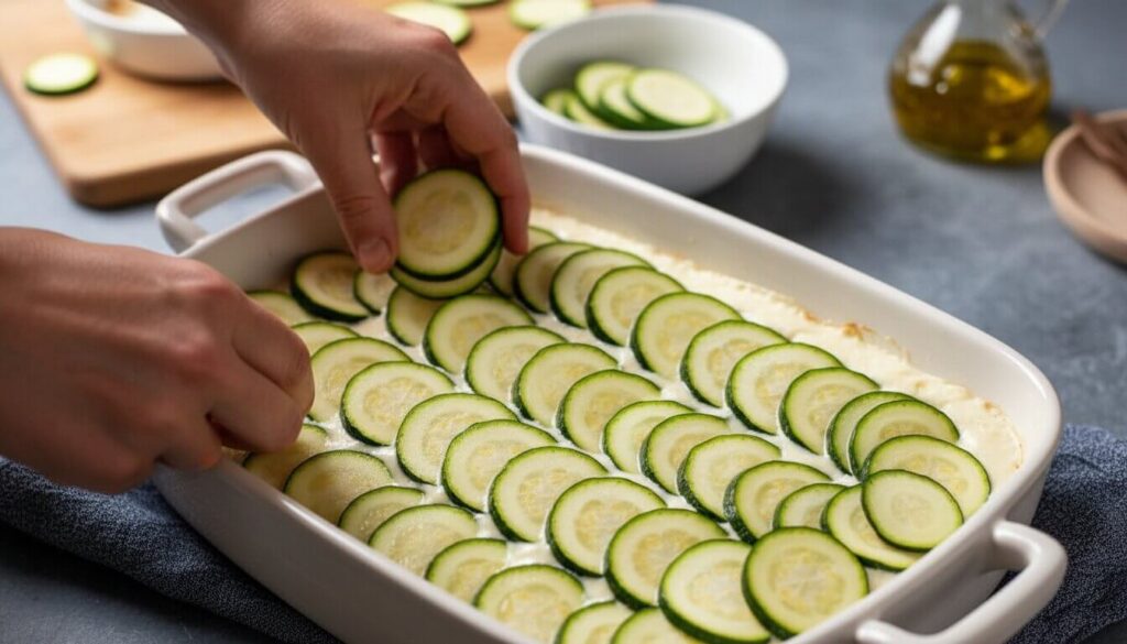 Sliced zucchini gratin layers being arranged in a baking dish.