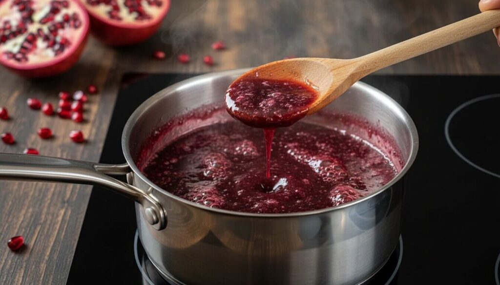 Pomegranate juice simmering in a pan to create a thick dessert syrup.
