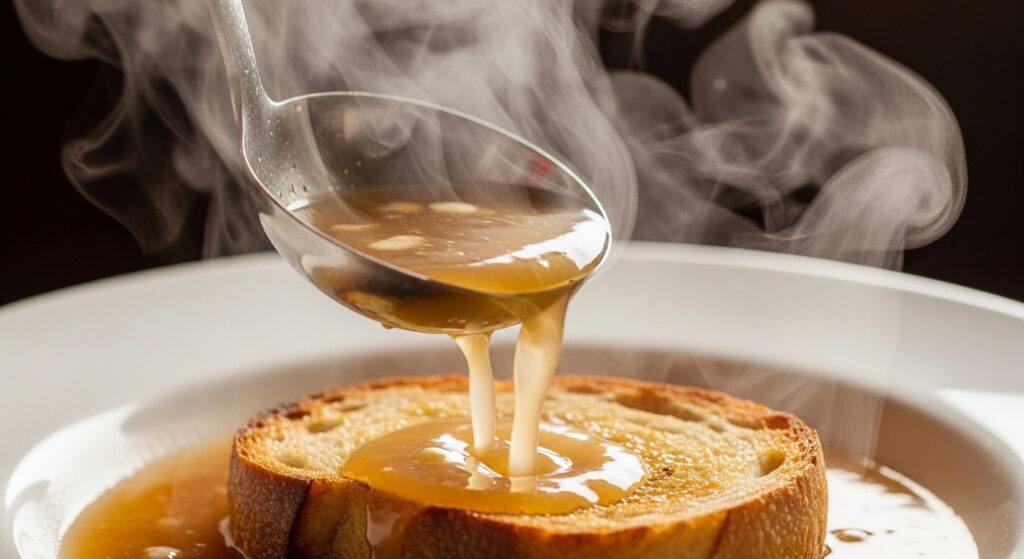 Ladling hot country French garlic soup over toasted rustic bread.