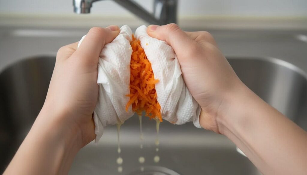 Squeezing moisture out of grated carrots for a dip.
