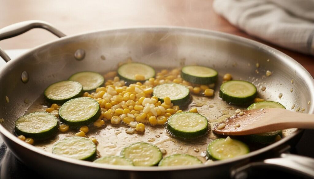 Sautéing zucchini and corn in a skillet to prevent a watery vegetable bake.