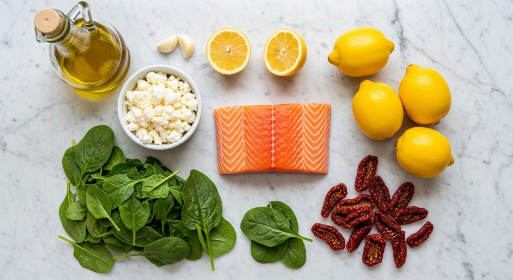 Ingredients for Mediterranean baked salmon recipe including spinach and feta.