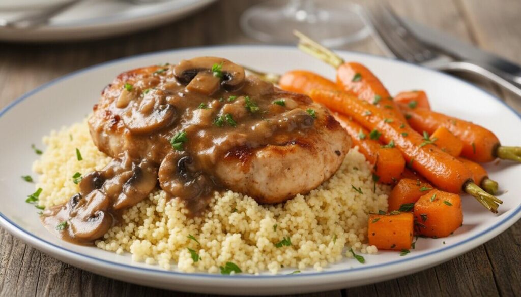 A plated serving of Braised Chicken Medallions with Mushroom Velouté and couscous.