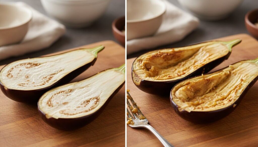 Preparing eggplant boats for stuffing.