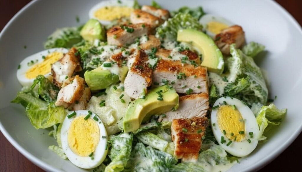 High protein Mediterranean Grilled Chicken, Egg and Avocado Caesar Salad bowl.