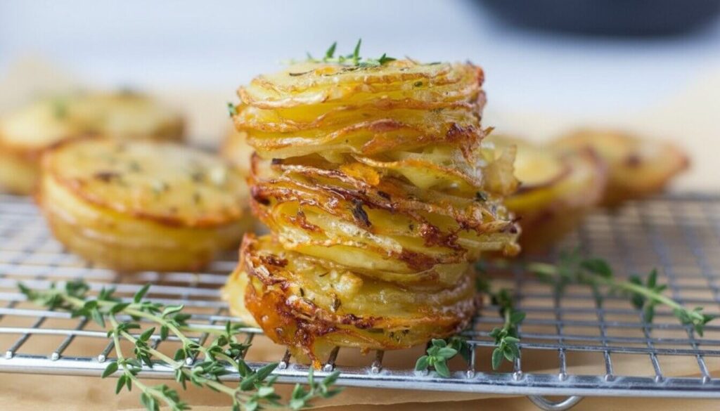 Crispy Mediterranean Gruyère and Thyme Potato Stacks on a cooling rack.