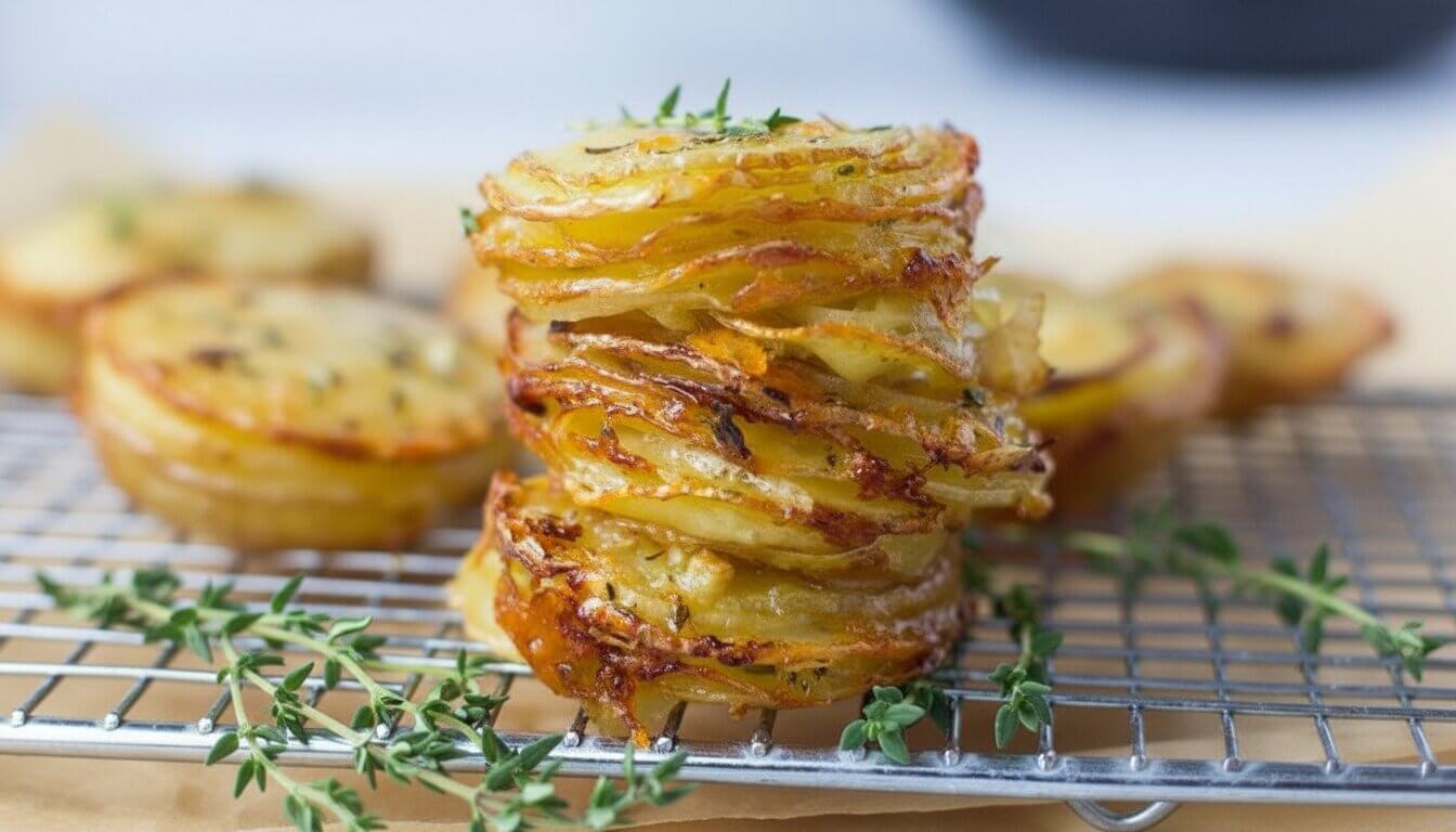 Crispy Mediterranean Gruyère and Thyme Potato Stacks on a cooling rack.