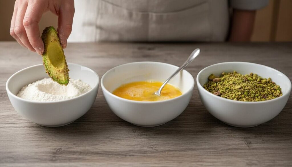 Step-by-step process of coating avocado fries in pistachio crust.