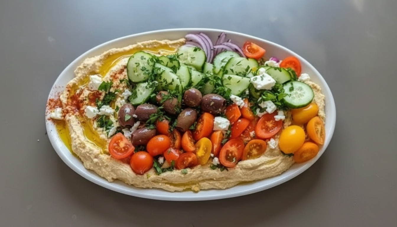 Overhead view of a Greek-style loaded hummus platter on a wooden board with feta, tomatoes, cucumbers, and pita bread.
