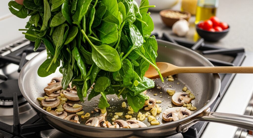 Adding fresh baby spinach to a mushroom and garlic mixture.