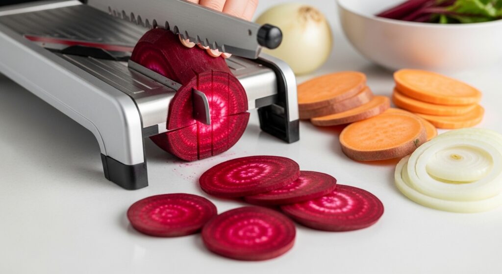 Overhead shot of raw sliced beets, sweet potatoes, onion, feta, and walnuts.