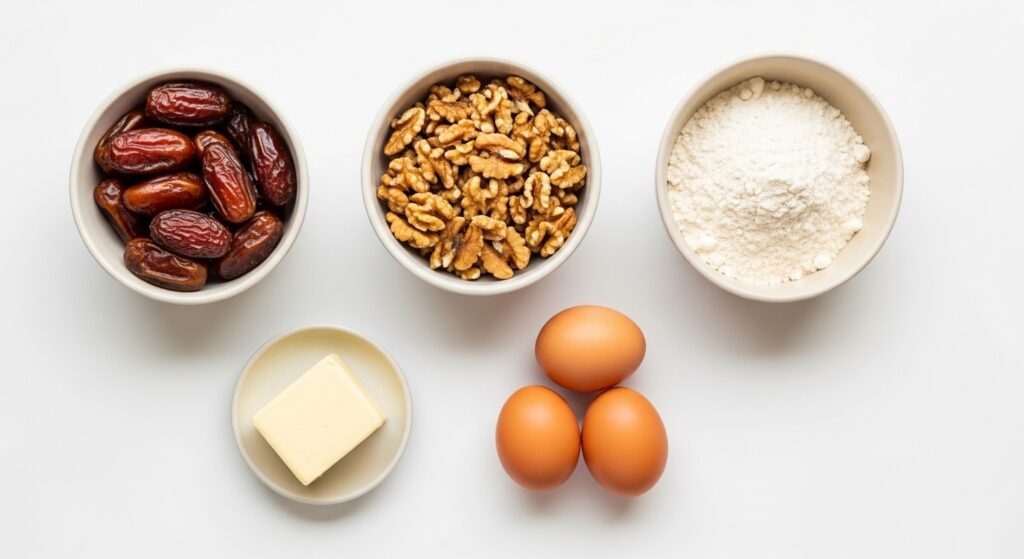 Ingredients for an easy date nut loaf recipe arranged on a white counter.