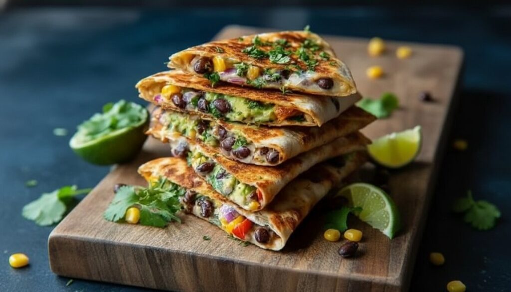 liced Quesadillas with Black Bean and Avocado on a plate