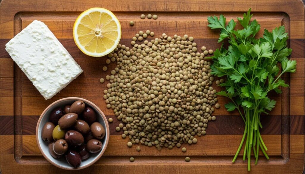 Fresh ingredients for Mediterranean diet lentil salad including dry lentils, lemon, and herbs.