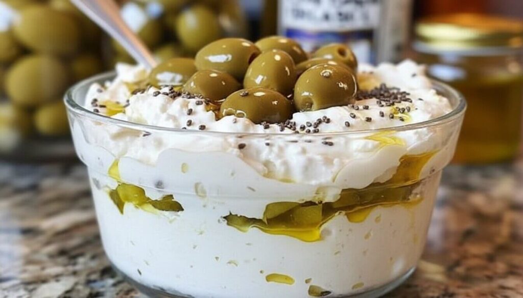 Layered view of Mediterranean Creamy Olive & Pickle Bowl Recipe.