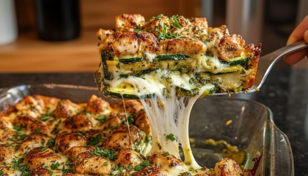 A serving of cheesy chicken zucchini bake with a dramatic cheese pull.
