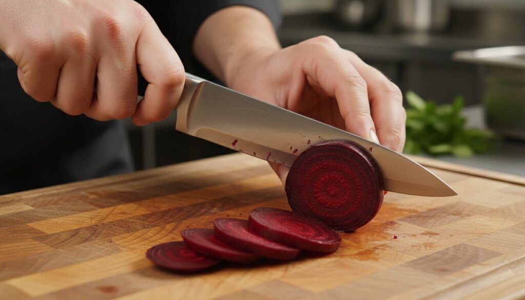 Slicing roasted beets for a Mediterranean beet salad.