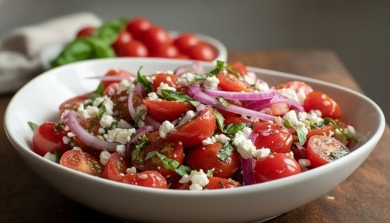 Healthy Mediterranean cherry tomato salad with fresh basil and olive oil in a white bowl.