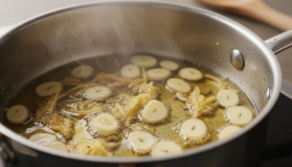 Sautéing fresh ginger and garlic in olive oil for a healing soup base.