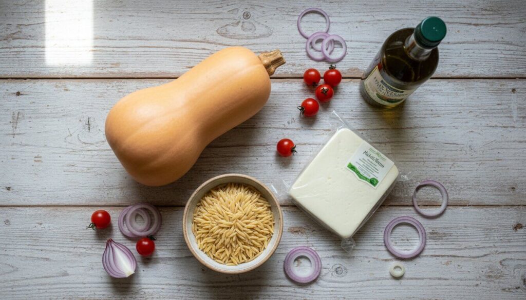 Raw ingredients for butternut squash and halloumi orzo recipe.