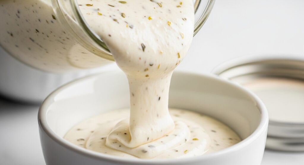 Close-up of homemade creamy feta dressing recipe for salads.