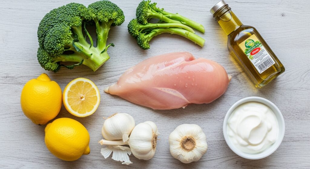 Fresh ingredients for Mediterranean chicken and broccoli recipe.
