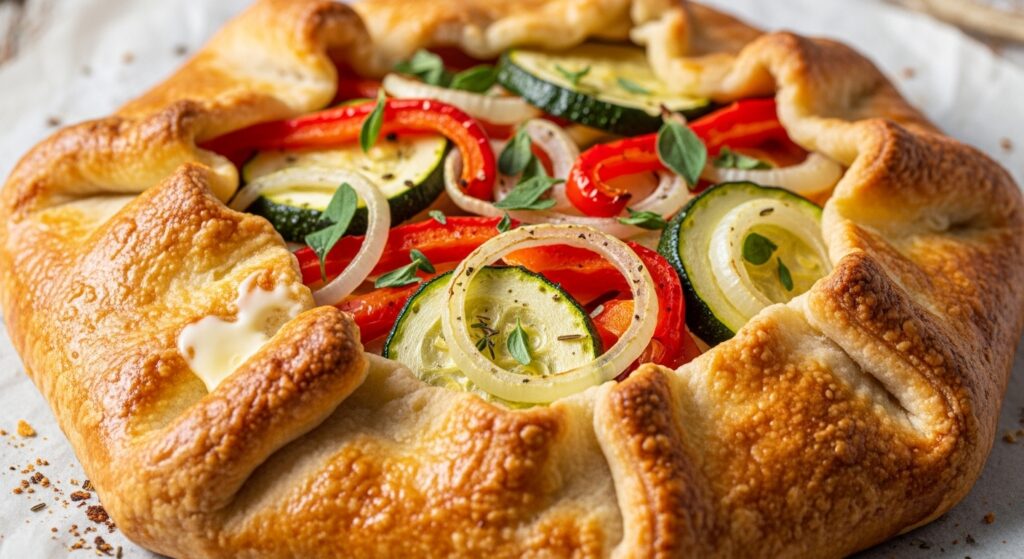 Close-up of flaky pastry crust on a rustic vegetable tart.