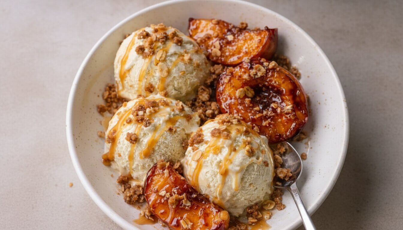 Grilled peaches with vanilla ice cream and crunchy granola in a white bowl.