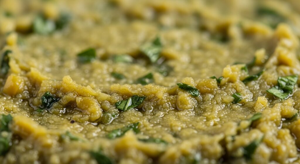 Close-up texture of chunky green olive tapenade with herbs and olive oil.