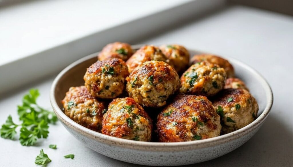 A platter of golden-brown Mediterranean ground chicken meatballs with lemon and parsley