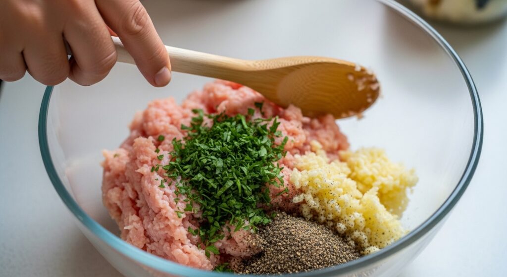 Raw ingredients for healthy chicken fritters in a glass mixing bowl.
