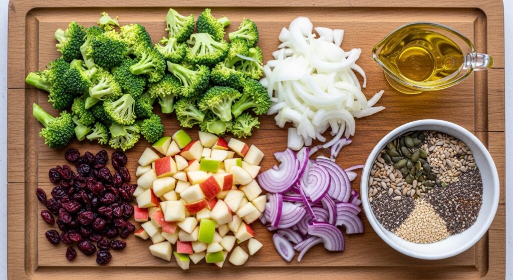 Prepped raw ingredients for a Mediterranean broccoli apple salad recipe on a wooden cutting board.