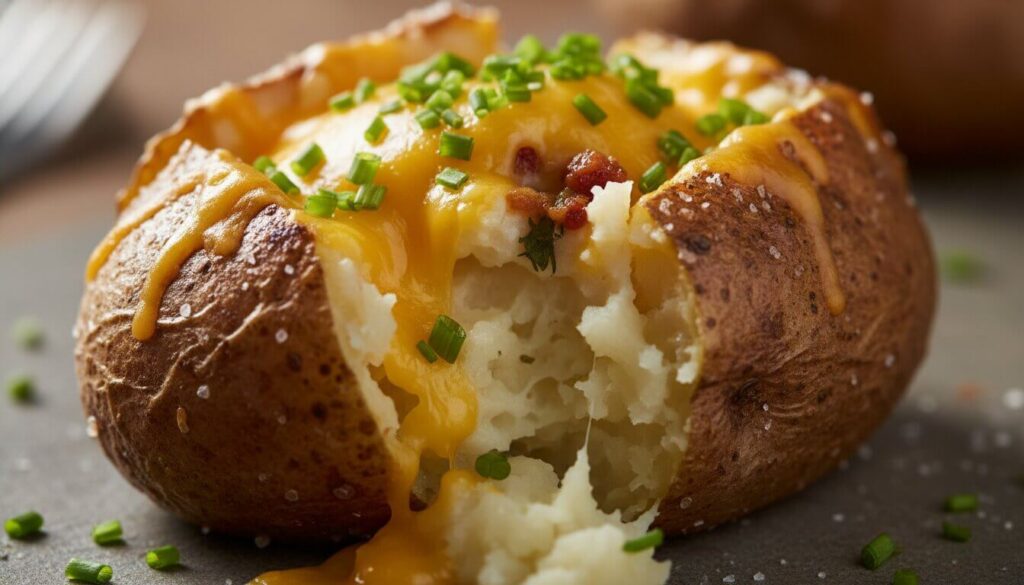 Mediterranean style loaded baked potato with chives and cheese.