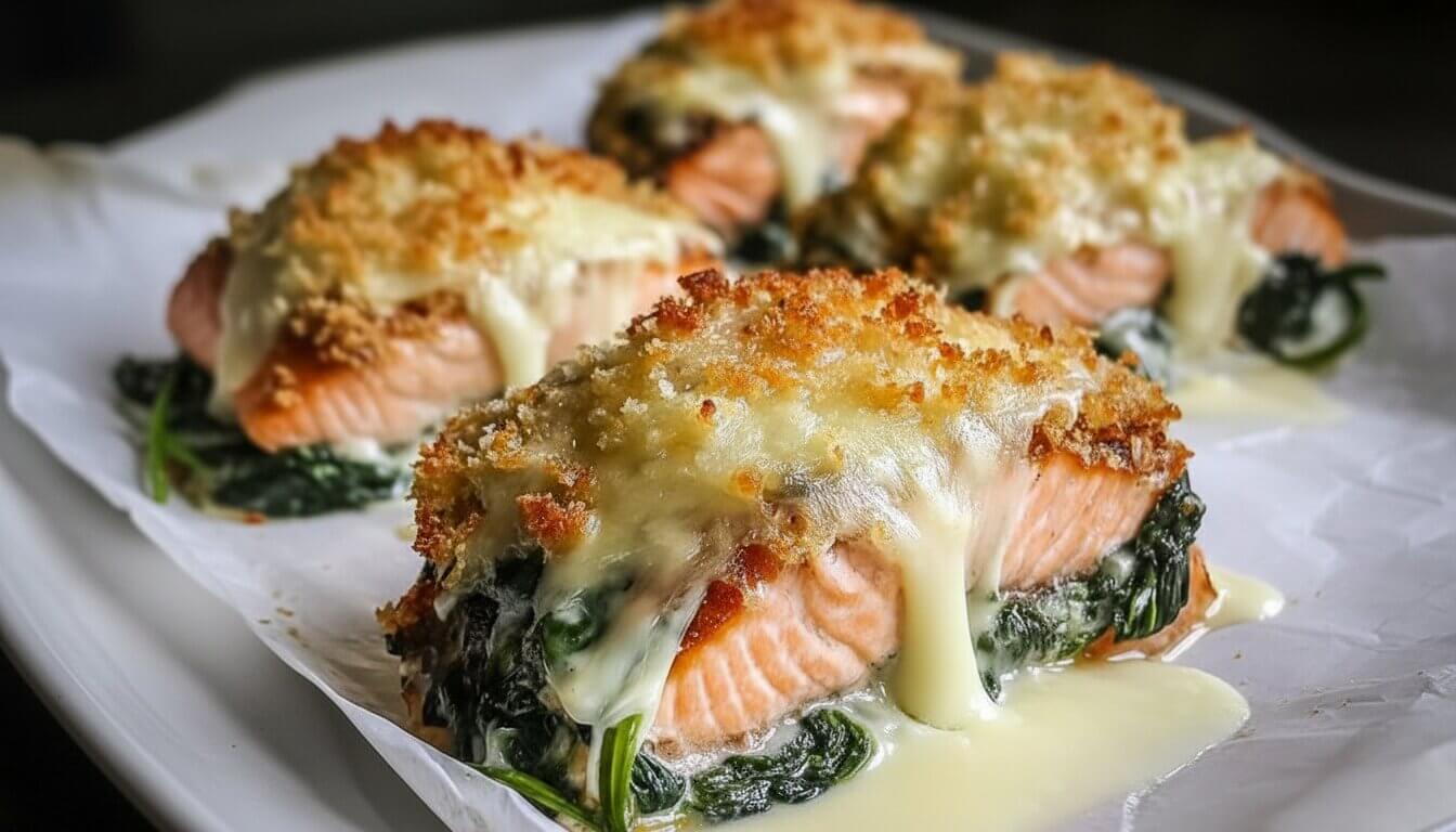Mediterranean Baked Salmon with Spinach and Mozzarella topped with melted cheese.