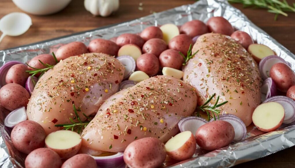 Assembling Mediterranean chicken and vegetable foil packets for grilling.