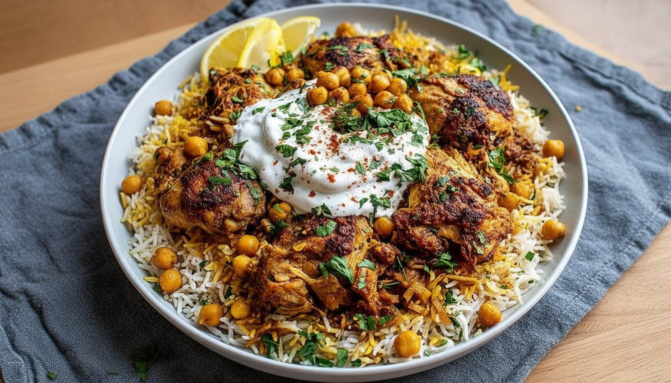 One Pot Shawarma Chicken and Rice with yellow basmati rice and fresh parsley.