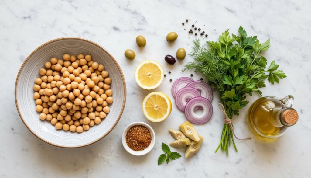 Ingredients for a Mediterranean za'atar bean salad recipe laid out on a table.