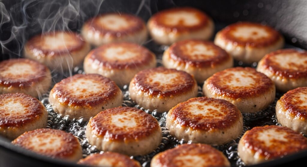 Searing sliced chicken sausage in a skillet until golden brown.
