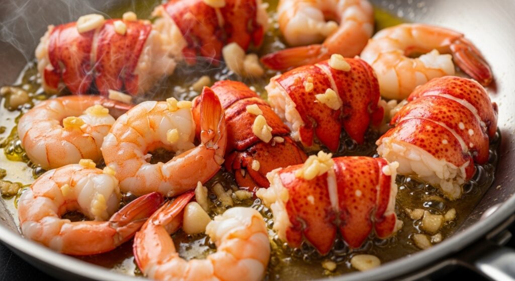 Sautéing fresh shrimp and lobster meat in a pan with garlic.